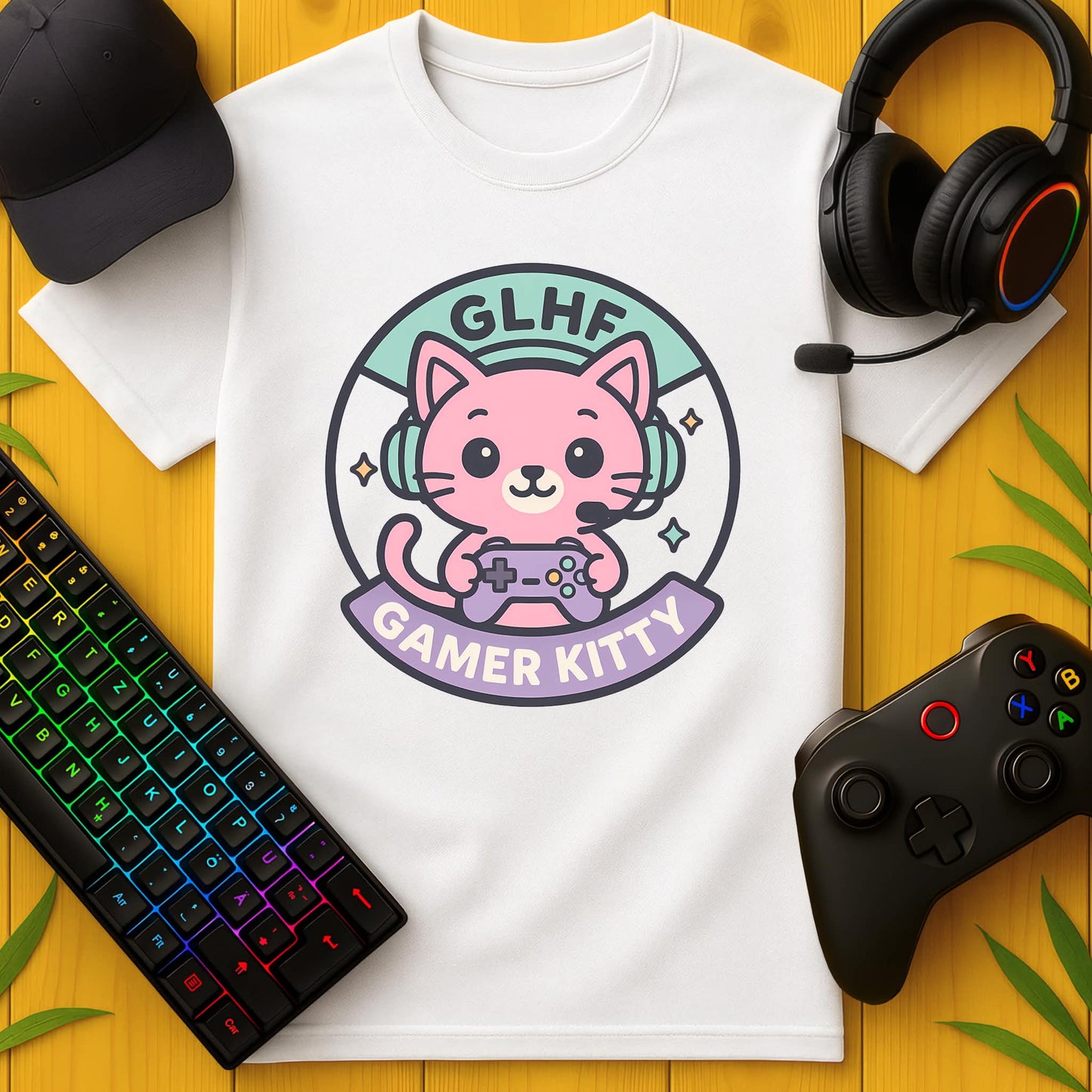 Gamer Kitty GLHF Batch T-Shirt für Kids
