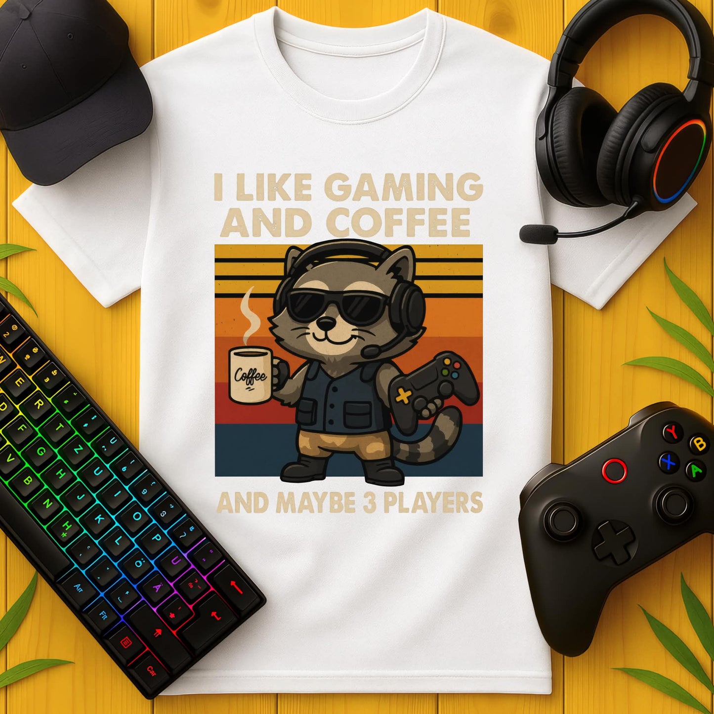 Gaming and Coffee Raccoon T-Shirt