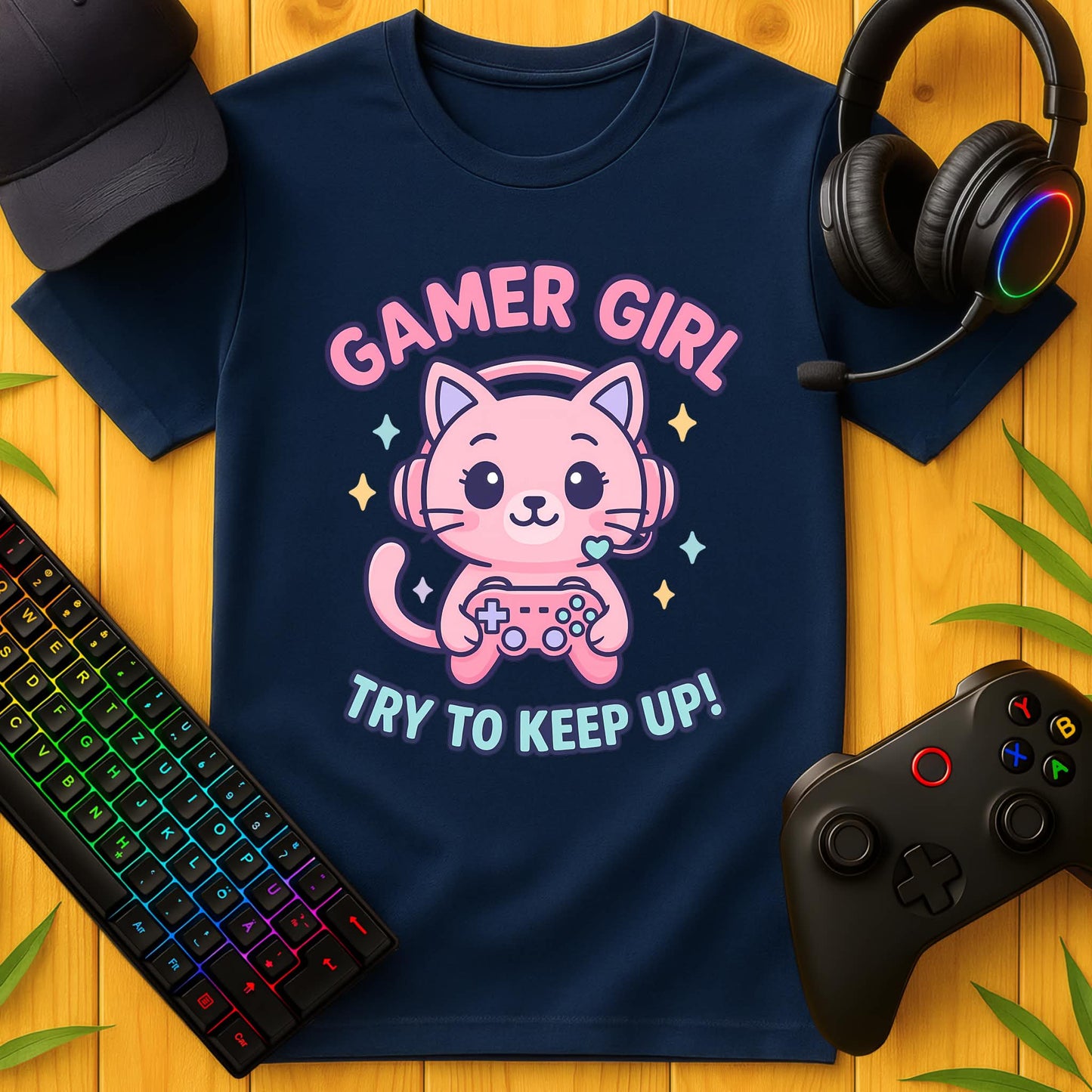 Gamer Girl Cat T-Shirt für Kids