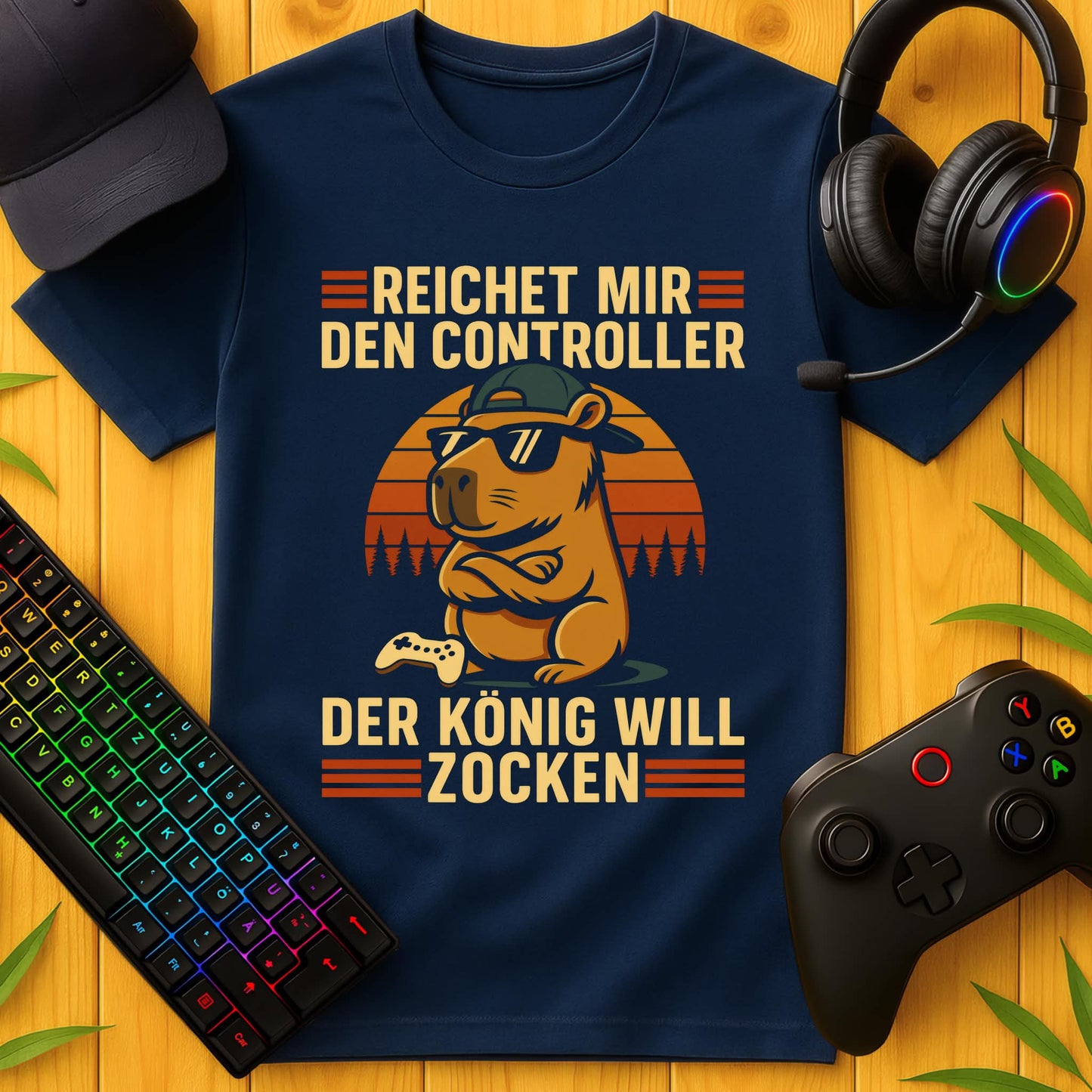 König will Zocken Capybara Striche T-Shirt für Kids