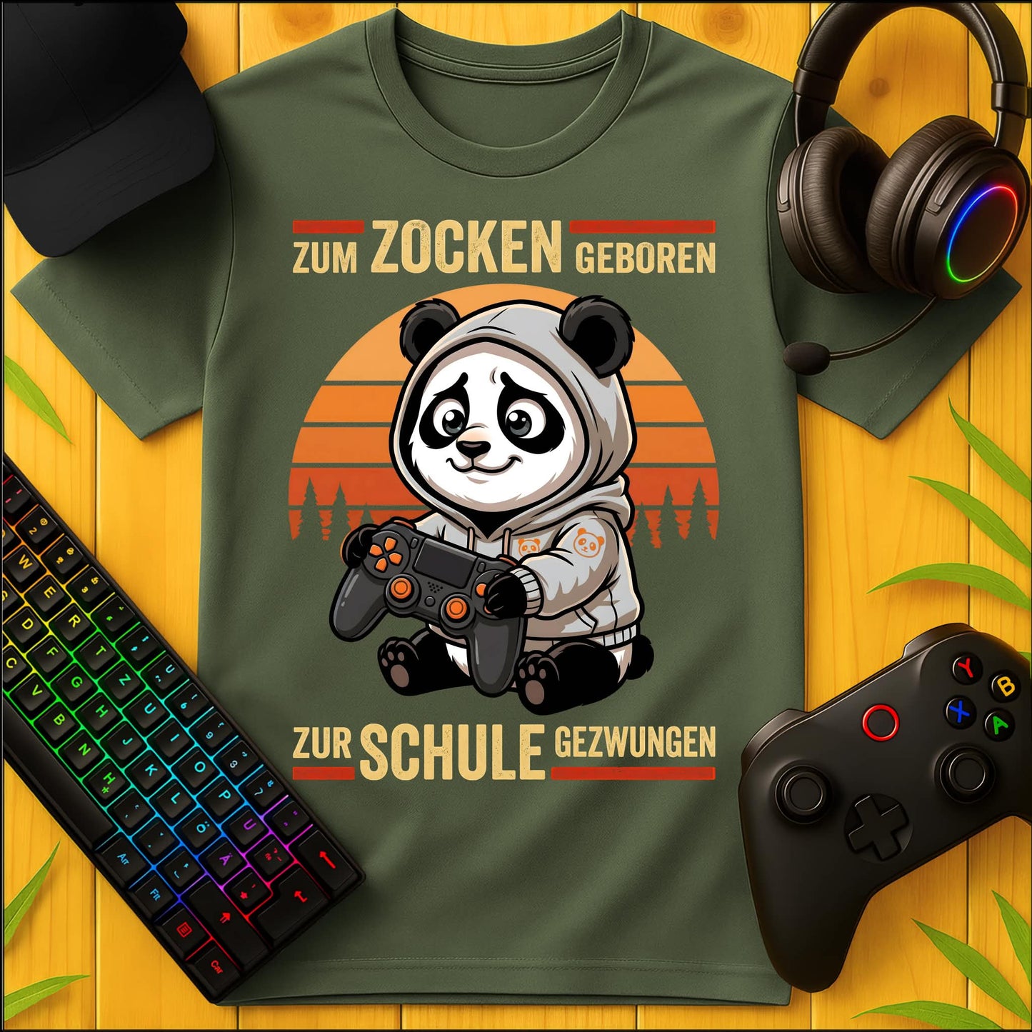 Zum Zocken geboren Panda Schule T-Shirt